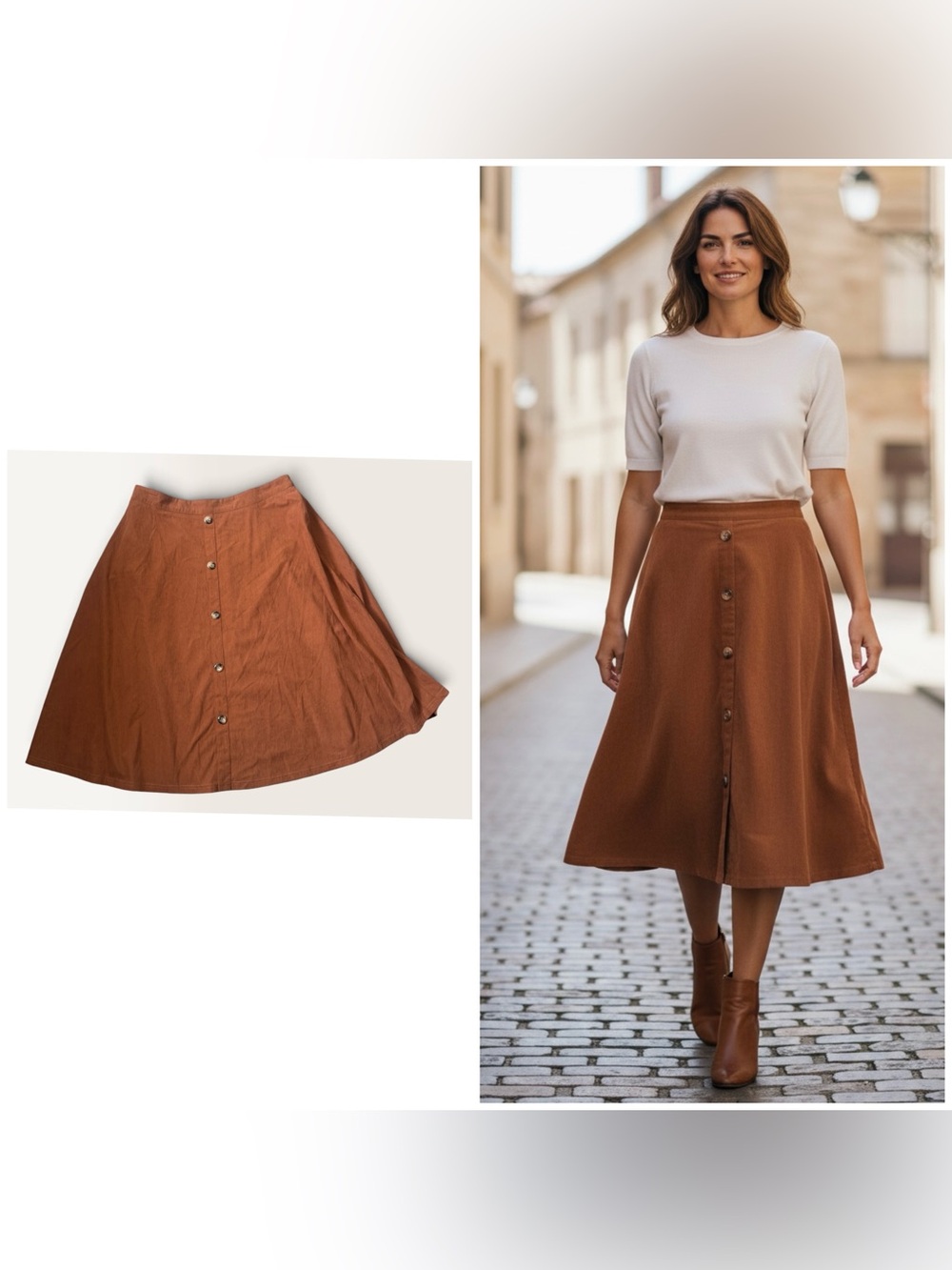 Cupshe Button-Front A-Line Corduroy Brown Midi Skirt, XL